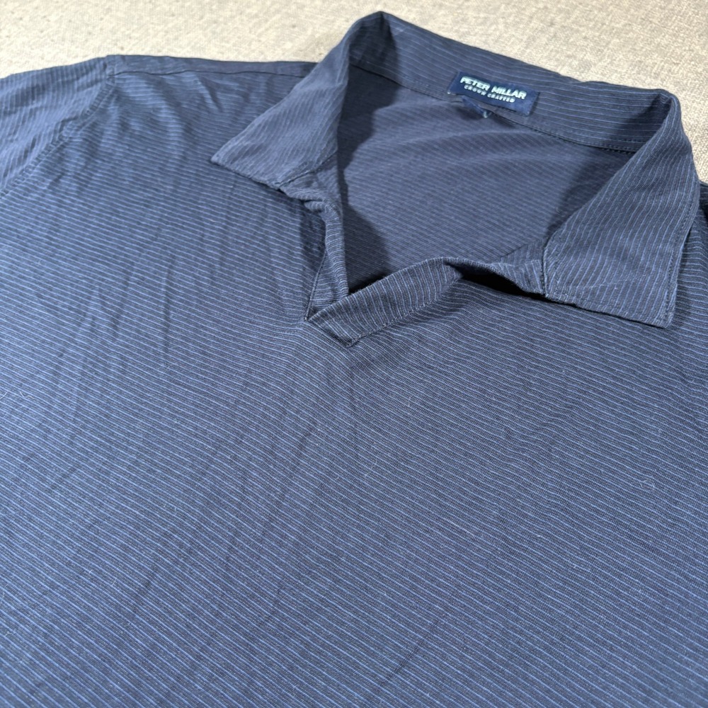 Peter Millar Crown Crafted Polo Men M Navy Blue Silk Cotton Stripe Johnny Collar